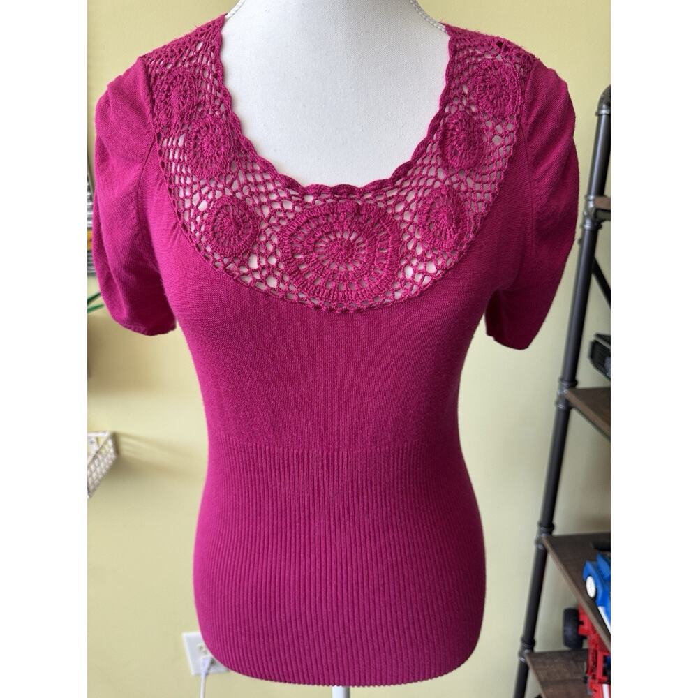 Heart Soul Magenta Crochet Neck Sweater Top L Boho Feminine Cottagecore soft